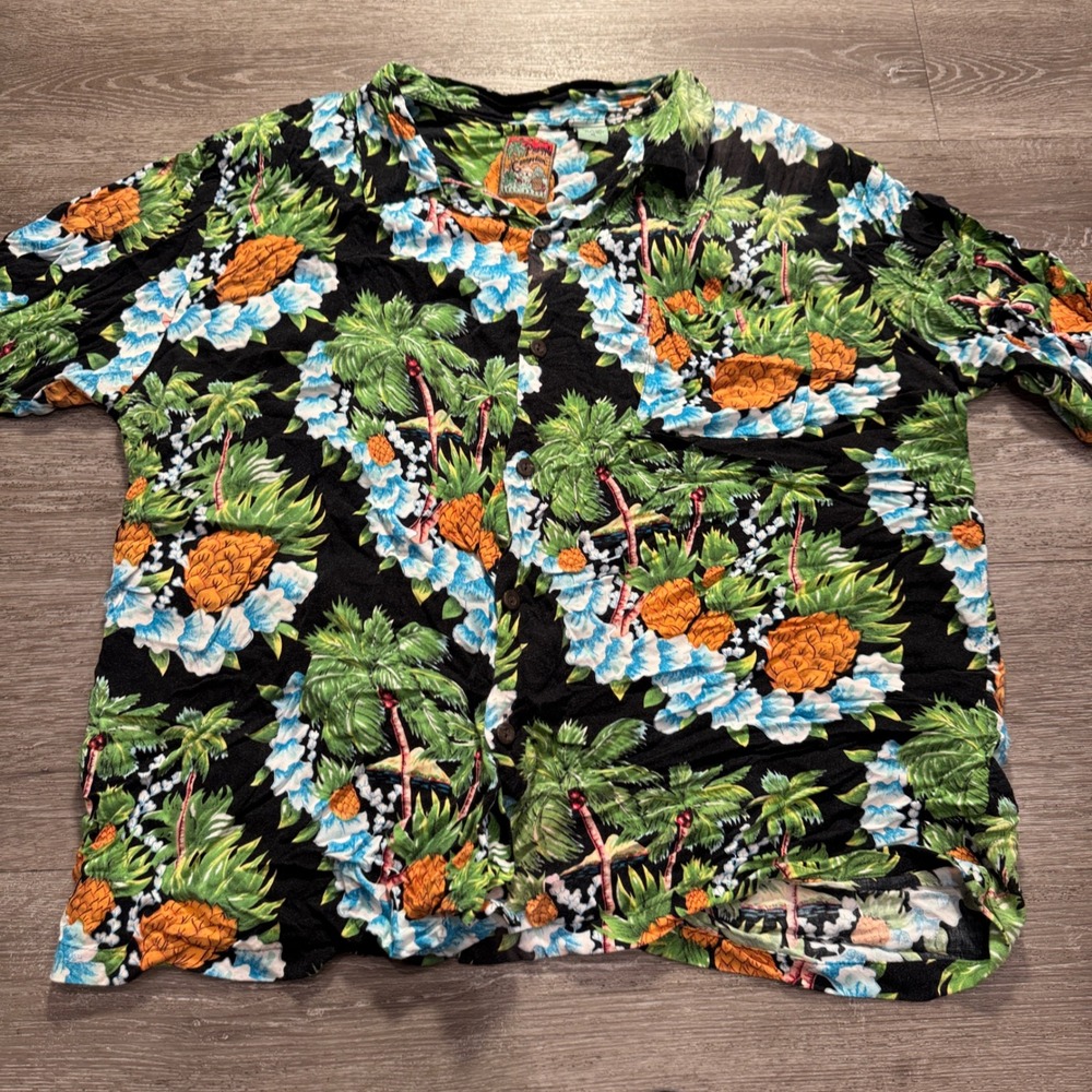 Pineapple Connection Shirt Mens XL‎ Black Tropical Rayon Aloha Vacation Costal